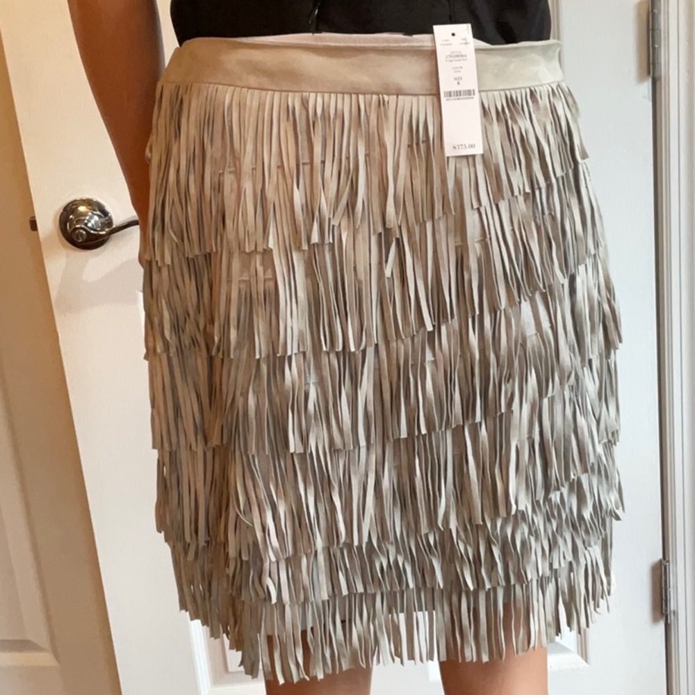 White House Black Market Silver Fringe Suede Skirt. Size 8 NWT